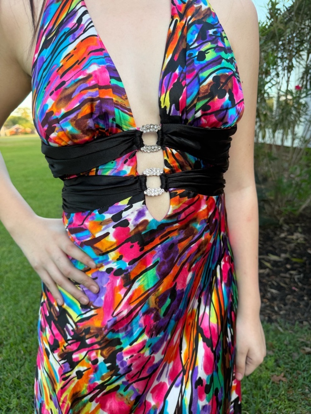 Vintage Y2K Beata Studio Halter Maxi Dress Multicolor Abstract Print Open Back S